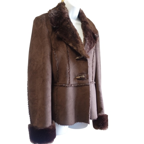 Style & Co. Jackets & Blazers - Vintage Chocolate Brown Faux‎ Suede Fur Trimmed Jacket Toggle 70s Boho Womens Lg